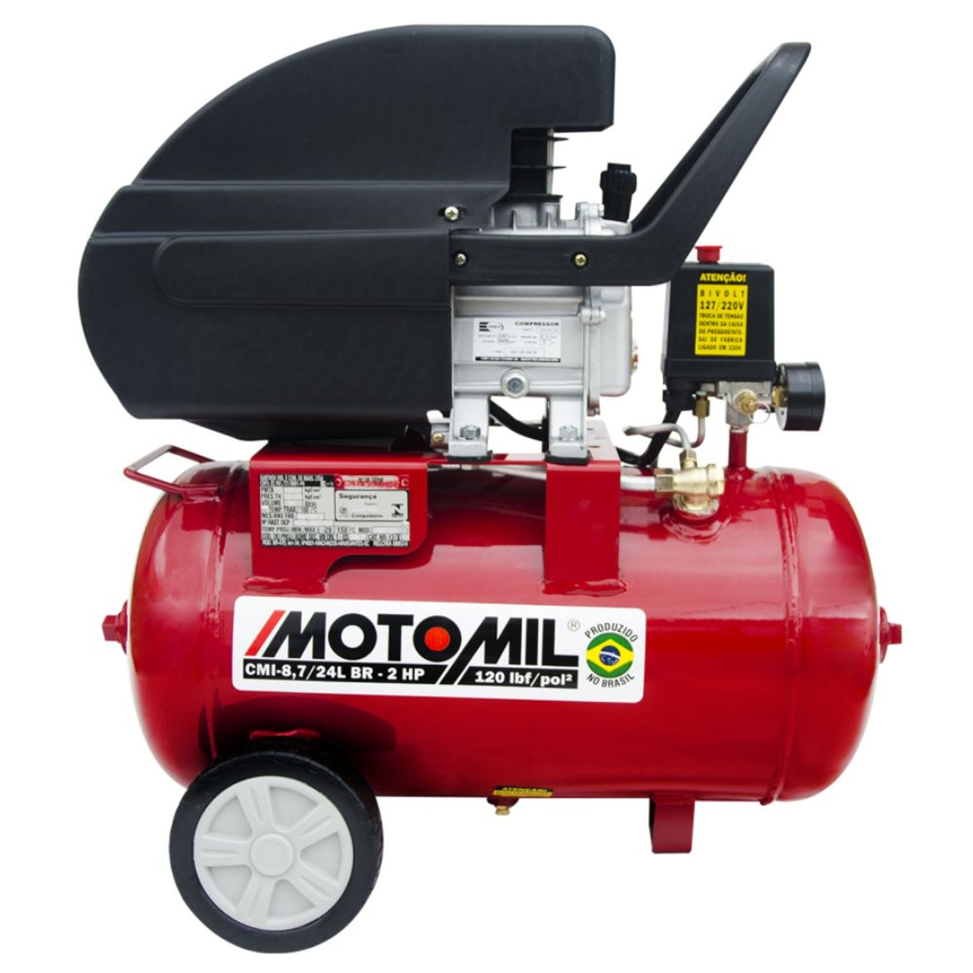 Motocompressor de Ar 24L 8,7 pés 120Lbs 2HP CMI Bivolt Motomil